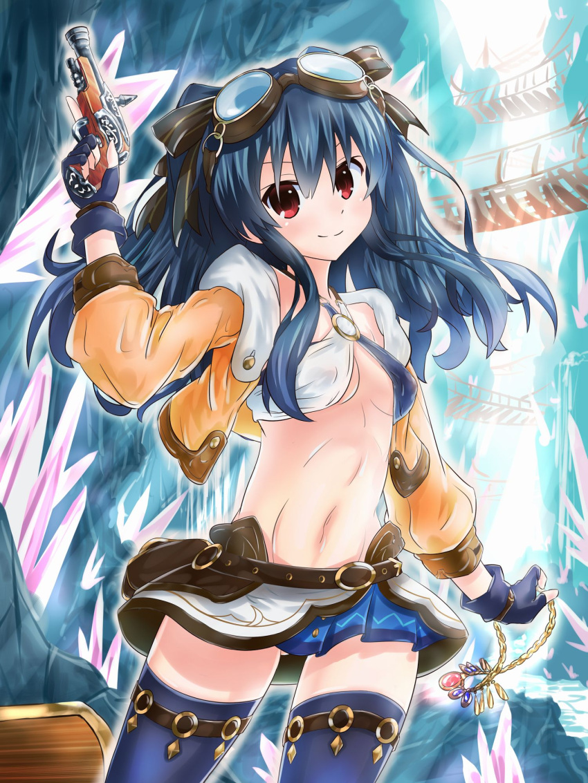 1girl bare_shoulders black_hair blush breasts four_goddesses_online:_cyber_dimension_neptune gun hair_ornament handgun highres kazuneko_(wktk1024) long_hair looking_at_viewer navel neptune_(series) open_mouth pistol red_eyes small_breasts smile solo two_side_up uni_(choujigen_game_neptune) weapon
