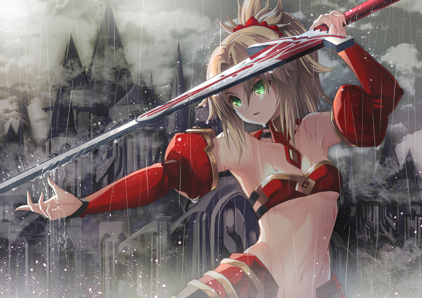 1girl arm_up bandeau blonde_hair braid breasts castle clarent clouds cloudy_sky commentary_request detached_collar detached_sleeves fate_(series) fog french_braid glowing glowing_eyes green_eyes hair_ornament hair_scrunchie holding holding_sword holding_weapon medium_breasts midriff navel open_mouth outdoors outstretched_arm ponytail rain saber_of_red scrunchie sky solo standing suishougensou sword water water_drop weapon wet