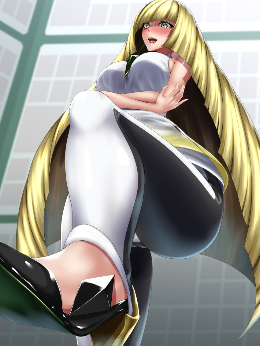 1girl absurdres bare_shoulders blonde_hair blush breasts crossed_arms green_eyes high_heels highres large_breasts leg_lift long_hair looking_down lusamine_(pokemon) mature milf open_mouth pokemon pokemon_(game) pokemon_sm smile solo tama_(tamakaka1031) thighs very_long_hair