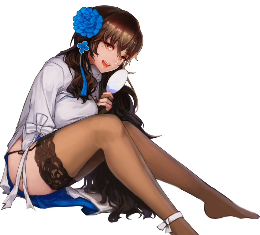 1girl absurdres black_legwear brown_hair china_dress chinese_clothes dress fan fingerless_gloves flower full_body garter_straps girls_frontline gloves hair_flower hair_ornament highres kibellin lace lace-trimmed_thighhighs legs lips long_hair looking_at_viewer mole mole_under_eye open_mouth paper_fan pelvic_curtain personification qbz-95_(girls_frontline) shoe_removed side_slit single_fingerless_glove smile solo thigh-highs uchiwa very_long_hair wavy_hair white_background yellow_eyes