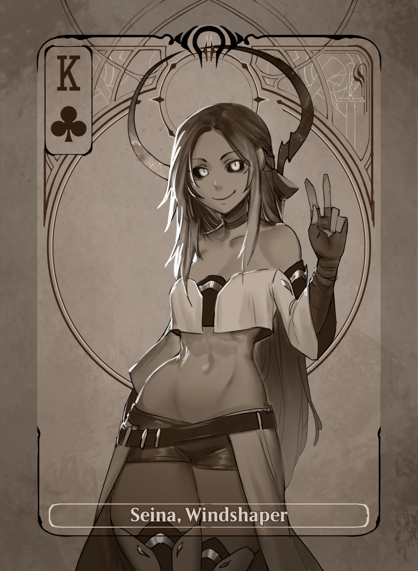 1girl absurdres belt black_sclera card choker collarbone colored_sclera fingerless_gloves gloves halo highres less long_hair looking_at_viewer monochrome navel original shorts slit_pupils smile solo thigh-highs toned v wide_hips