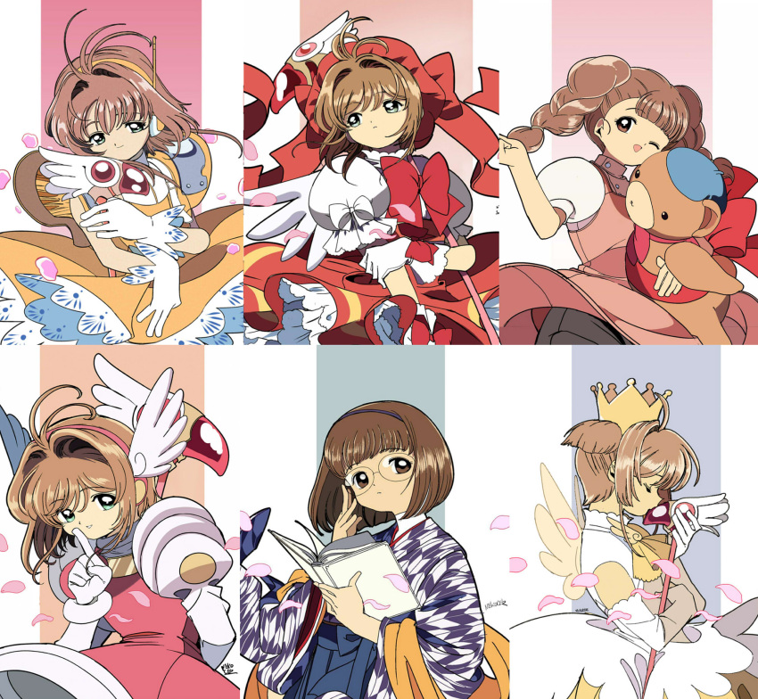 3girls ;d adjusting_eyewear book bow braid brown_eyes brown_hair card_captor_sakura closed_eyes crown dress edoya_inuhachi finger_to_mouth fuuin_no_tsue glasses gloves green_eyes hairband hakama hat headset highres japanese_clothes kinomoto_sakura meiji_schoolgirl_uniform mihara_chiharu multiple_girls one_eye_closed open_book open_mouth petals puffy_short_sleeves puffy_sleeves short_sleeves smile staff stuffed_animal stuffed_toy teddy_bear twin_braids white_gloves wings yagasuri yanagisawa_naoko