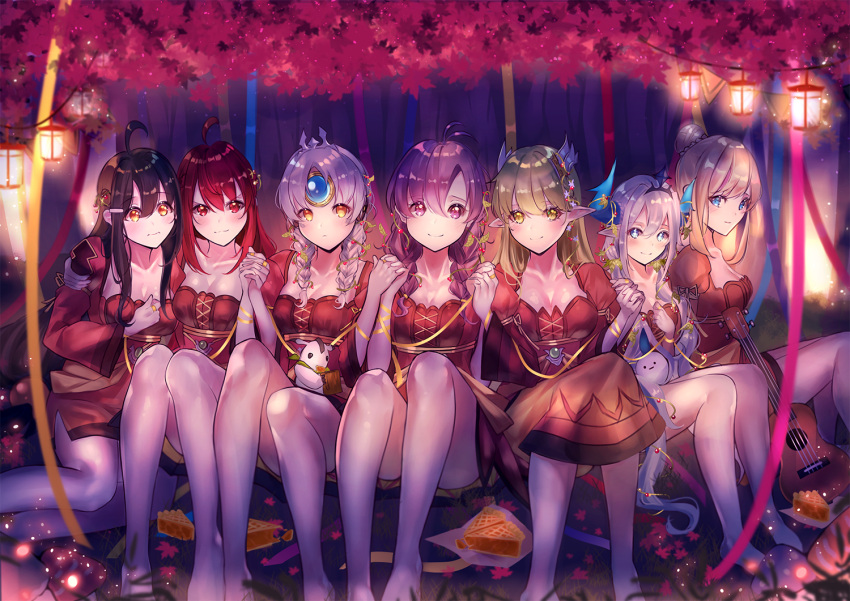 6+girls ahoge aisha_(elsword) alternate_costume alternate_hairstyle ara_han bare_legs black_hair blonde_hair blue_eyes blush blush_stickers braid breasts cleavage cleavage_cutout collarbone colored creature cup dress elesis_(elsword) elf elsword eve_(elsword) eyebrows_visible_through_hair food forest grass guitar hair_bun hair_ornament hand_on_own_chest holding horns instrument light_particles lights lium long_hair looking_at_viewer luciela_r._sourcream medium_breasts multiple_girls mushroom nature pie pointy_ears purple_hair red_eyes redhead rena_(elsword) roots rose_(elsword) silver_hair sitting smile smug string symbol-shaped_pupils tiara twin_braids twintails violet_eyes white_hair yellow_eyes