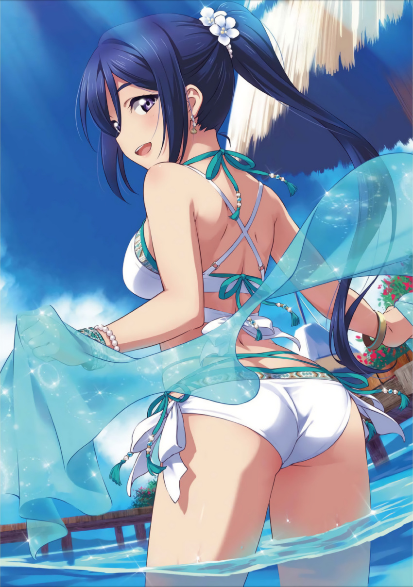 1girl :d aqua_bikini artist_request ass bangle bikini blue_hair blue_sky bracelet contrapposto dutch_angle earrings fisheye flower from_behind glint hair_flower hair_ornament halterneck highres jewelry layered_bikini long_hair looking_at_viewer looking_back love_live! love_live!_sunshine!! matsuura_kanan official_art open_mouth outdoors photoshop ponytail sash side-tie_bikini sky smile solo swimsuit very_long_hair violet_eyes wading white_bikini