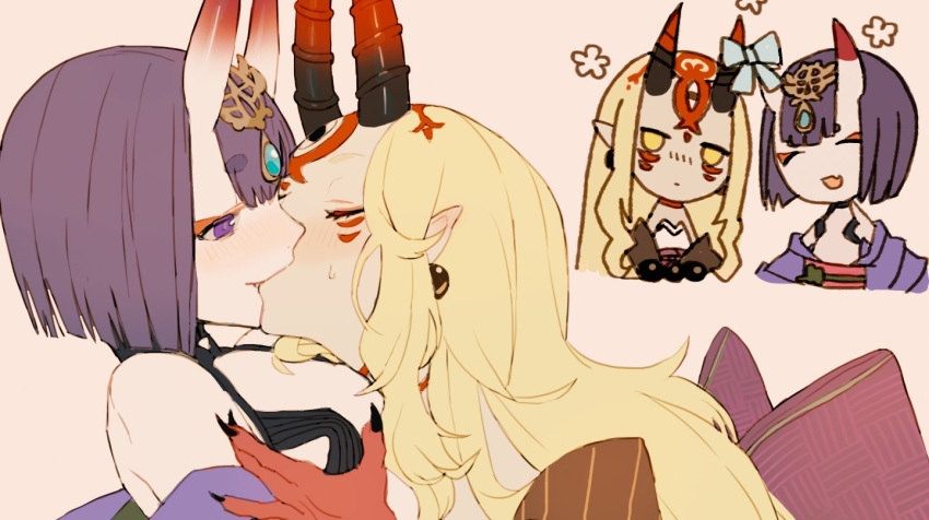 2girls bare_shoulders blonde_hair blush bob_cut bow chibi_inset closed_eyes closed_mouth commentary_request couple ear_blush earrings eyebrows_visible_through_hair facial_mark fang fate/grand_order fate_(series) female fingernails flat_color headpiece highres ibaraki_douji_(fate/grand_order) japanese_clothes jewelry jitome kibadori_rue kiss long_hair looking_at_another makeup mascara multiple_girls mutual_yuri obi off_shoulder oni oni_horns open_eyes open_mouth pink_background pointy_ears purple_hair revealing_clothes sapphire_(stone) sash sharp_fingernails short_hair shuten_douji_(fate/grand_order) sidelocks simple_background smile sweatdrop thick_eyebrows upper_body violet_eyes white_bow yuri