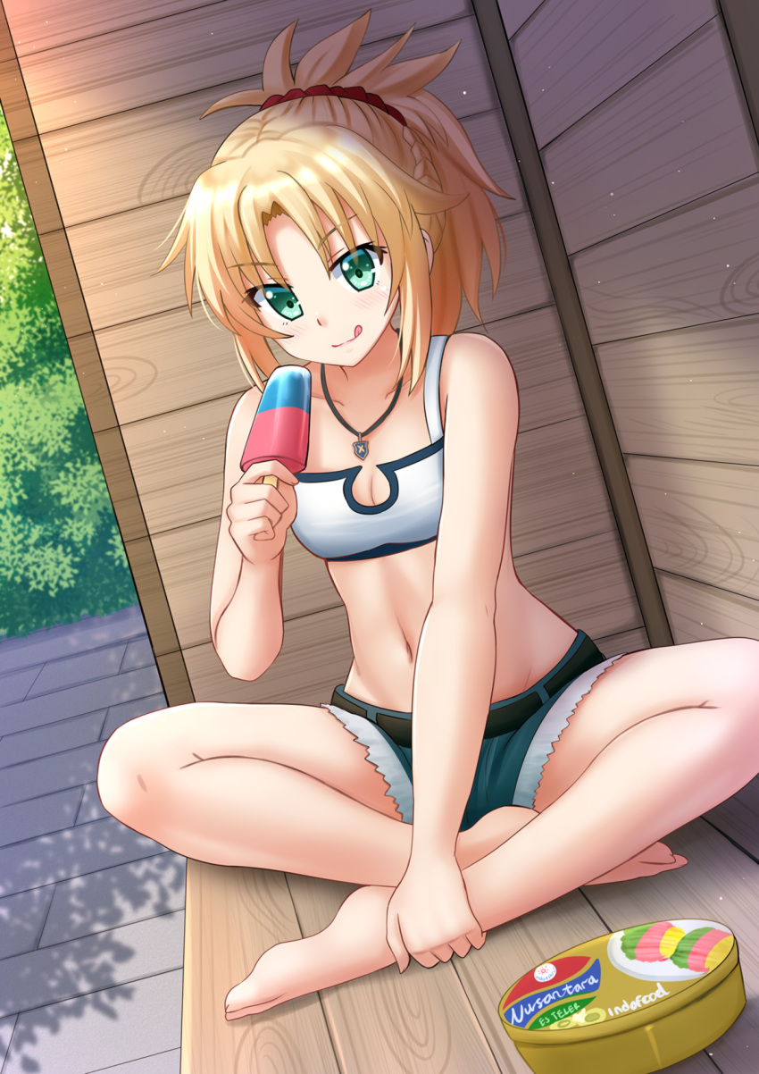 &gt;:q 1girl :q bandage bare_arms bare_legs bare_shoulders barefoot blonde_hair blush box breasts cleavage closed_mouth collarbone cutoffs day dutch_angle eyebrows_visible_through_hair fate/apocrypha fate_(series) food green_eyes hand_on_ankle highres holding holding_food jewelry kazenokaze long_hair looking_at_viewer navel necklace on_floor outdoors parted_lips pendant ponytail popsicle saber_of_red sidelocks small_breasts solo stomach tongue tongue_out wooden_floor wooden_wall