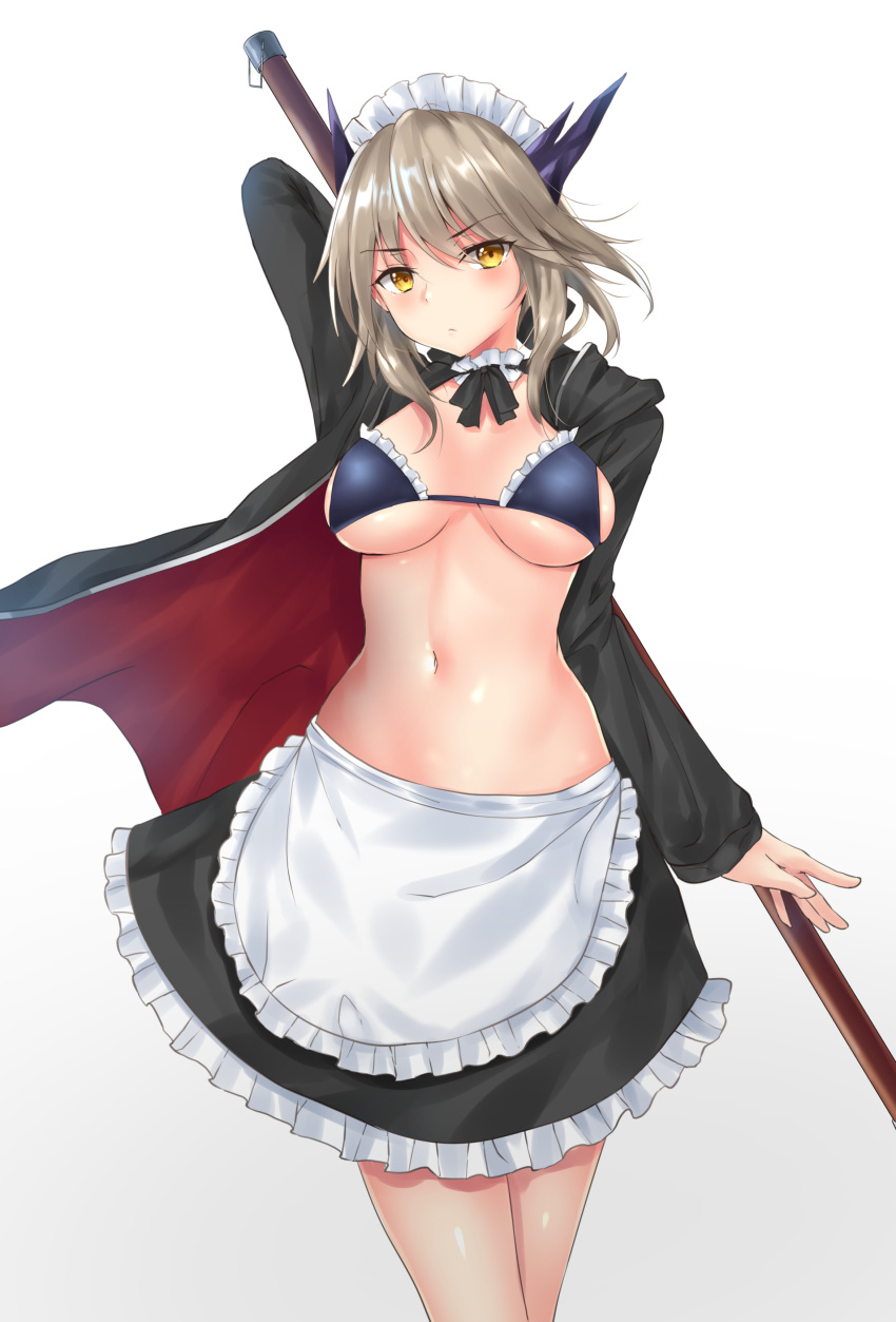 1girl absurdres apron artoria_pendragon_(all) artoria_pendragon_(lancer_alter) artoria_pendragon_(swimsuit_rider_alter)_(fate) blush breasts brown_hair cleavage closed_mouth eyebrows_visible_through_hair fate/grand_order fate_(series) highres large_breasts looking_at_viewer maid maid_apron maid_headdress navel phano_(125042) short_hair solo yellow_eyes