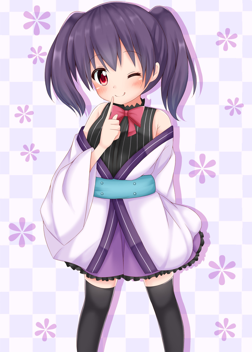 1girl ;q arm_behind_back bangs bare_shoulders black_legwear black_sweater blush bow bowtie checkered checkered_background closed_mouth commentary_request eyebrows_visible_through_hair finger_to_mouth floral_background frilled_skirt frills head_tilt highres japanese_clothes kimono long_hair long_sleeves minato_(ojitan_gozaru) obi off_shoulder one_eye_closed purple_hair purple_skirt red_bow red_bowtie red_eyes sash short_kimono sidelocks skirt smile solo striped sweater sweater_vest thigh-highs tongue tongue_out twintails urara_meirochou vertical_stripes white_kimono wide_sleeves yukimi_koume zettai_ryouiki