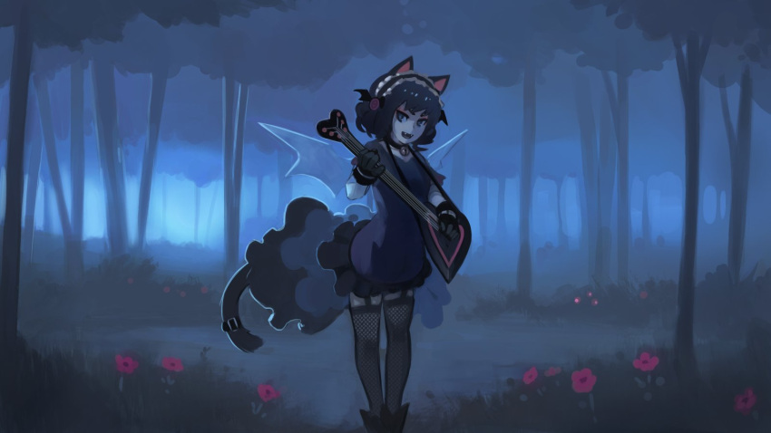 1girl :d animal_ears blue_hair boots cat_ears cat_girl cat_tail cyan_(show_by_rock!!) dark fang feet_out_of_frame fishnet_legwear fishnets flower forest frilled_hairband guitar highres holding holding_instrument instrument looking_at_viewer music nature night open_mouth outdoors paintrfiend playing_instrument short_hair show_by_rock!! smile solo standing suspenders tail thigh-highs tree