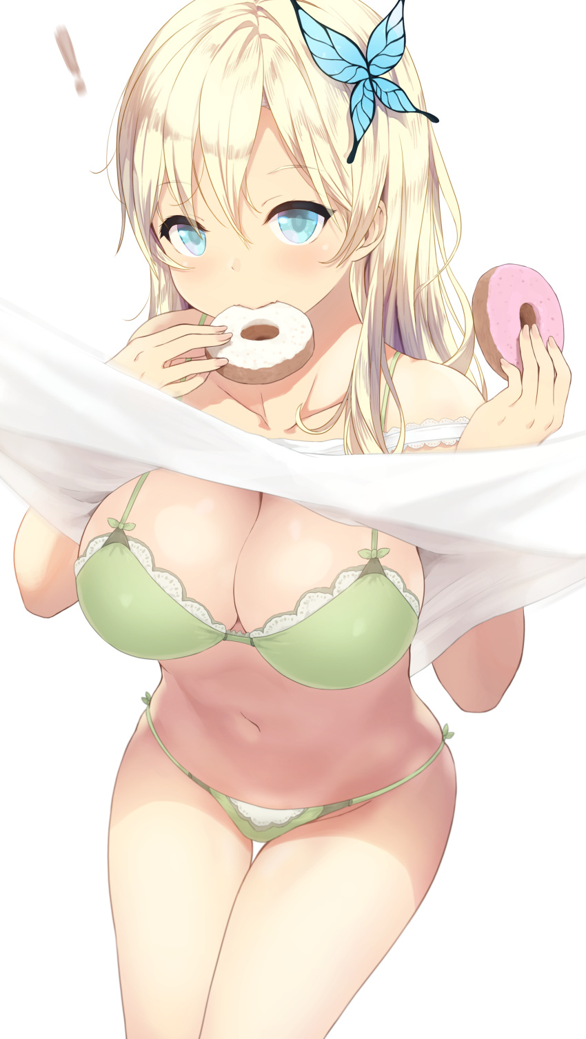 ! 1girl absurdres blonde_hair blue_eyes boku_wa_tomodachi_ga_sukunai bra breasts butterfly_hair_ornament cait cleavage cowboy_shot doughnut dress dress_lift eating food green_bra green_panties hair_between_eyes hair_ornament highres kashiwazaki_sena large_breasts long_hair looking_at_viewer navel panties patreon_reward simple_background solo strap_slip thigh_gap underwear white_background white_dress wind wind_lift