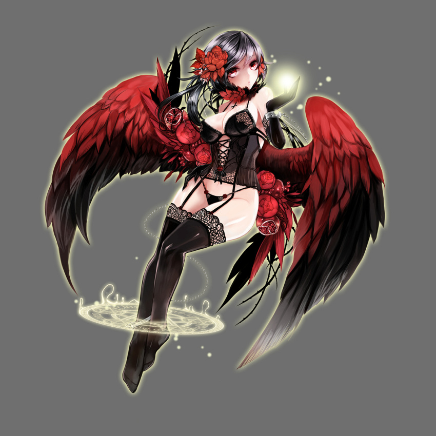 1girl apt bare_shoulders black_feathers black_gloves black_hair black_panties breasts cleavage cuffs feathered_wings flower full_body garter_straps gloves grey_background groin gyakushuu_no_fantasica hair_flower hair_ornament highres lingerie long_hair looking_at_viewer magic medium_breasts official_art panties red_eyes red_feathers simple_background solo thigh-highs underwear underwear_only wings