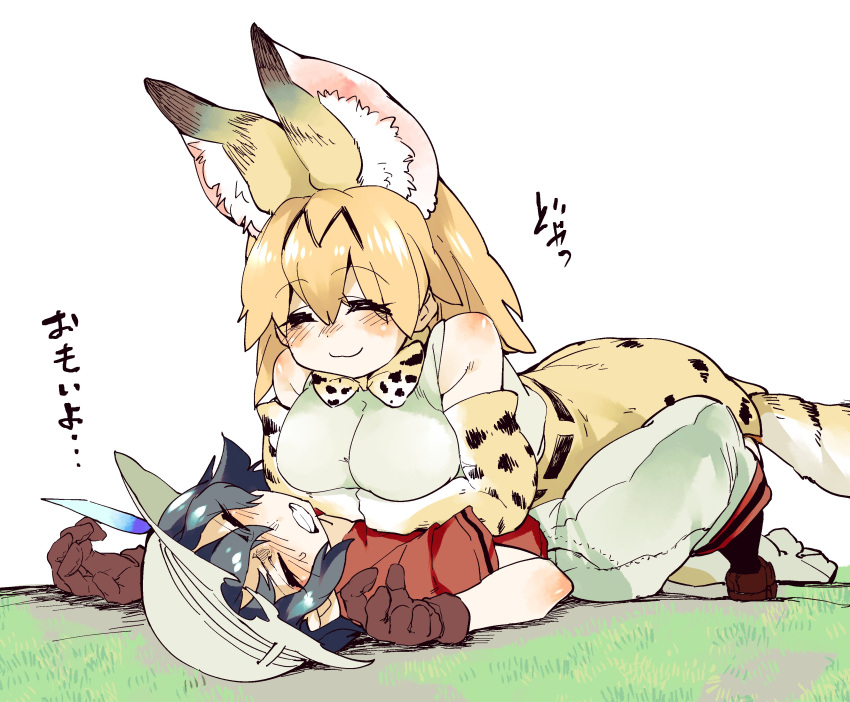 2girls absurdres animal_ears black_hair bow bowtie bucket_hat commentary_request hair_between_eyes hat hat_feather high-waist_skirt highres kaban_(kemono_friends) kemono_friends multiple_girls red_shirt serval_(kemono_friends) serval_ears serval_print serval_tail shigurio shirt short_hair shorts sitting sitting_on_person skirt sleeveless sleeveless_shirt striped_tail tail translated wavy_hair