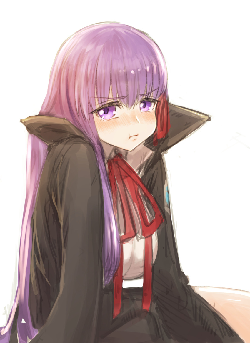 &gt;:t 1girl :t bangs bb_(fate/extra_ccc) black_jacket black_skirt blush breasts closed_mouth collared_shirt emoshon eyebrows_visible_through_hair eyelashes facing_away fate/extra fate/extra_ccc fate/grand_order fate_(series) hair_between_eyes hair_ribbon high-waist_skirt highres jacket large_breasts lips long_hair long_sleeves looking_at_viewer nose_blush open_clothes open_jacket popped_collar pout purple_hair red_ribbon ribbon shirt simple_background sitting skirt slouching solo straight_hair tareme violet_eyes white_background white_shirt wide_sleeves