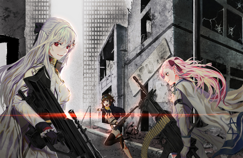 3girls albino apocalypse arm_strap armband aviator_sunglasses bangs black_gloves black_legwear bolt_action bow braid breasts brown_hair building buttons city cityscape coat commentary_request eyebrows_visible_through_hair eyes_visible_through_hair finger_on_trigger full_body fur_trim girls_frontline gloves grin grizzly_mkv grizzly_mkv_(girls_frontline) gun hair_between_eyes hair_bow hand_on_hip hand_up handgun hat hexagram high_belt highres holding holding_gun holding_weapon imi_negev jacket jacket_on_shoulders kar98k_(girls_frontline) lens_flare long_hair looking_at_viewer machine_gun mauser_98 military military_uniform multiple_girls nazi negev_(girls_frontline) one_side_up pantyhose parted_lips peaked_cap pleated_skirt pointing pointing_forward red_bow red_eyes ribbon rifle ruins running short_hair short_shorts shorts side_braid skirt smile standing standing_on_one_leg star_of_david sunglasses sunglasses_on_head thigh-highs thigh_strap tsurime uniform very_long_hair violet_eyes weapon white_background white_gloves white_hair white_skirt