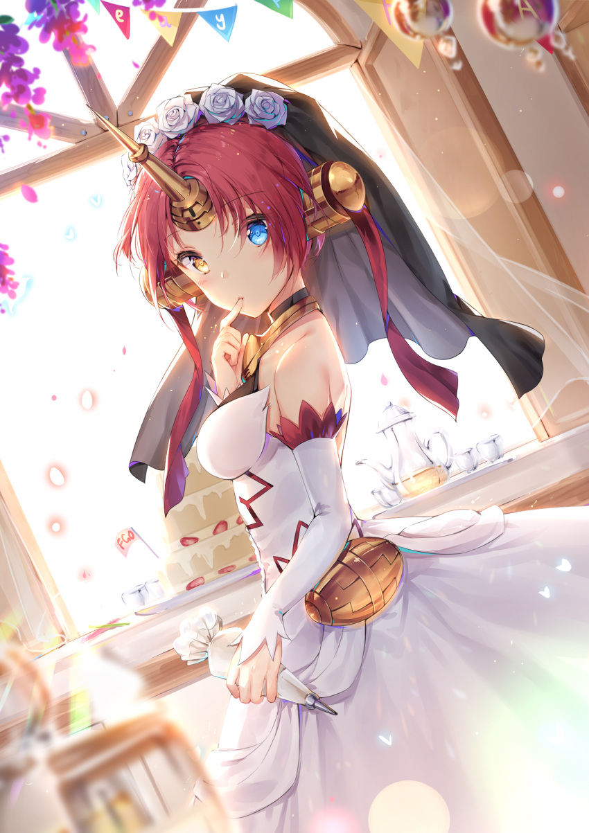 1girl absurdres bangs bare_shoulders berserker_of_black blue_eyes blurry blush breasts bridal_veil cake closed_mouth cup day depth_of_field detached_sleeves dress dutch_angle eyebrows_visible_through_hair fate/apocrypha fate/grand_order fate_(series) food happy_birthday heterochromia highres holding horns jar layer_cake looking_at_viewer maya_g medium_breasts parted_bangs pastry_bag short_hair solo standing teacup teapot tray tsurime veil wedding_dress white_dress window yellow_eyes