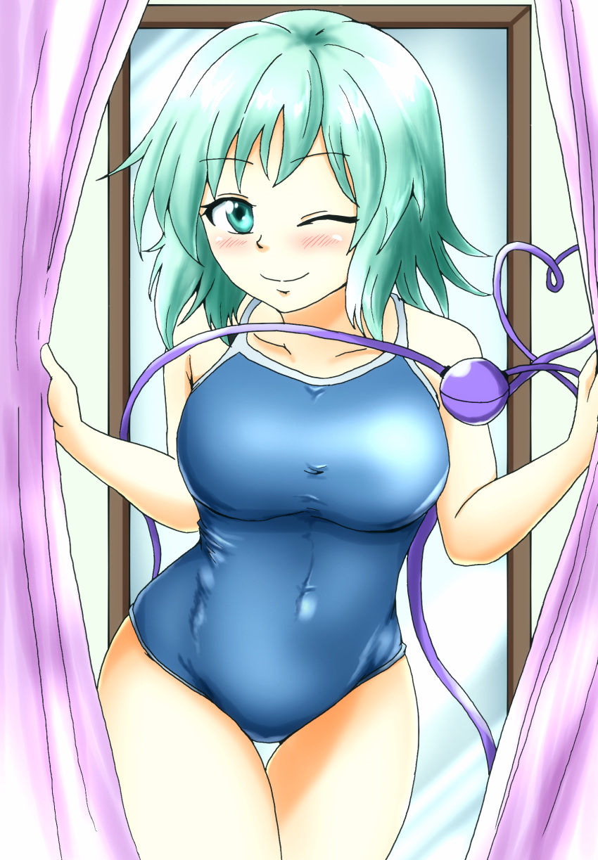 1girl absurdres blue_swimsuit breasts competition_school_swimsuit competition_swimsuit curtain_grab curtains d-m_(dii_emu) eyeball green_eyes green_hair heart heart_of_string highres komeiji_koishi looking_at_viewer medium_breasts mirror one-piece_swimsuit short_hair smile solo swimsuit third_eye touhou