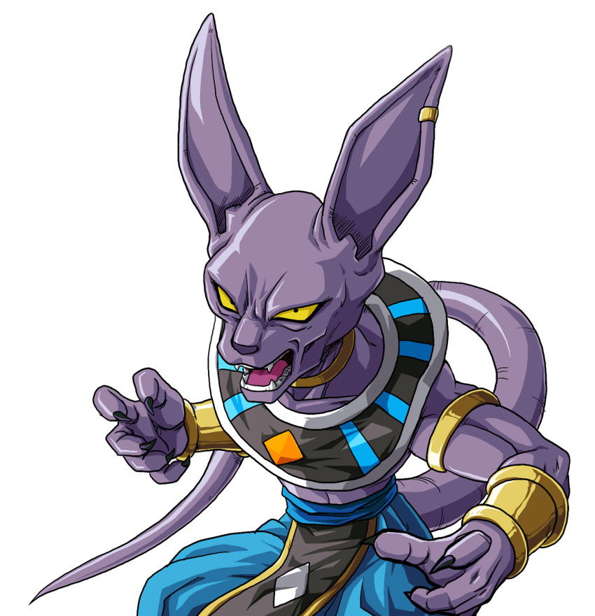 1boy animal_ears armband beerus black_eyes cat_ears claws dragon_ball dragon_ball_super egyptian_clothes fangs highres jewelry kamishima_kanon male_focus neck_ring open_mouth purple_skin single_earring solo tail toned toned_male wrist_cuffs yellow_sclera