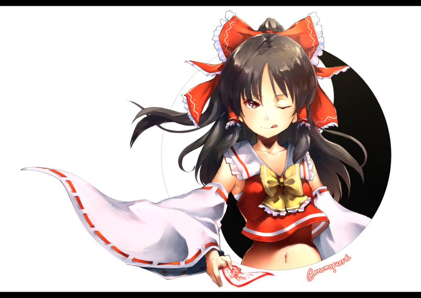 1girl black_hair bow collarbone detached_sleeves hair_bow hair_tubes hakurei_reimu letterboxed licking_lips long_hair looking_at_viewer navel ofuda one_eye_closed ponytail red_bow red_eyes ribbon-trimmed_sleeves ribbon_trim sidelocks solo sumi_(oyasumie) tongue tongue_out touhou twitter_username vest white_background