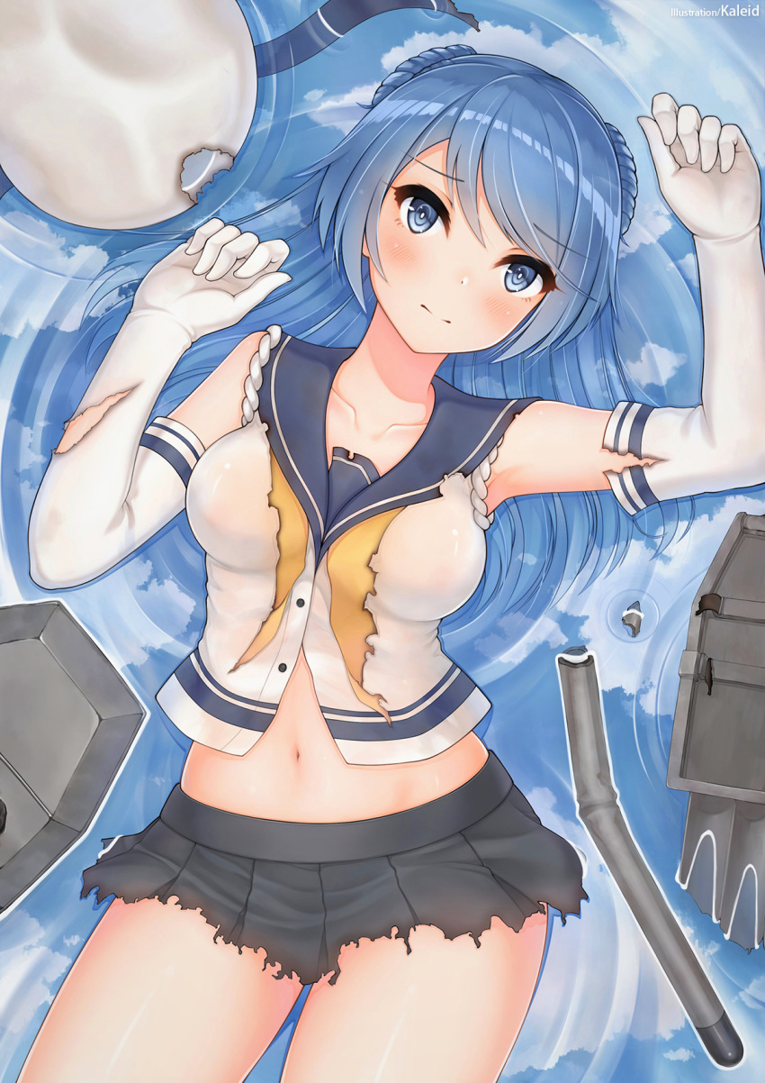 1girl battle_damage blue_eyes blue_hair blush breasts clouds double_bun elbow_gloves expressionless floating gloves hat hat_removed headwear_removed highres kaleid kantai_collection looking_at_viewer medium_breasts navel neckerchief pleated_skirt rigging sailor_hat school_uniform serafuku skirt sleeves_rolled_up solo torn_clothes torn_skirt urakaze_(kantai_collection) water