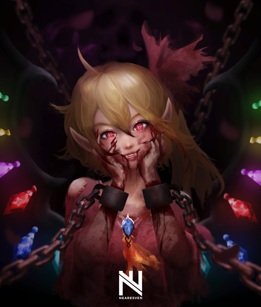 1girl absurdres blonde_hair blood blood_on_face chains crazy_smile cuffs dress fangs flandre_scarlet hair_ornament head_tilt highres lips long_hair looking_at_viewer nearesven nose pointy_ears red_dress red_eyes red_ribbon ribbon slit_pupils solo touhou upper_body vampire wings