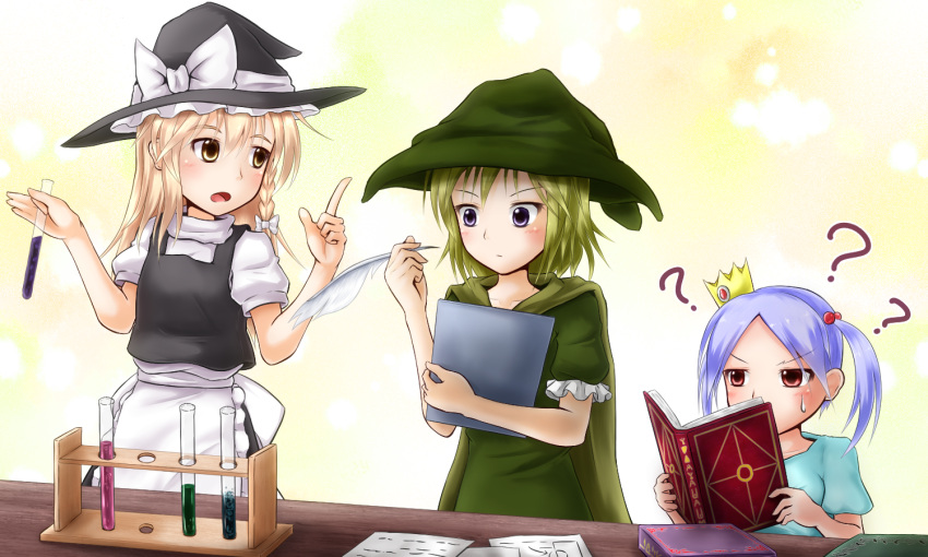 3girls ? ?? apron blonde_hair book cape character_request crossover dress eyebrows green_hair hat index_finger_raised kirisame_marisa multiple_girls nogiguchi paper purple_hair red_eyes teaching test_tube touhou trait_connection turtleneck vest violet_eyes waist_apron witch witch_hat yellow_eyes zakuzaku_actors