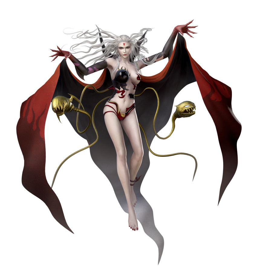 1girl 3d absurdres armpits asymmetrical_clothes barefoot breasts cape cleavage cloud_of_darkness dissidia_final_fantasy dissidia_final_fantasy_nt elbow_gloves facial_mark final_fantasy final_fantasy_iii floating forehead_mark gloves highres huge_filesize impossible_clothes looking_at_viewer medium_breasts nail_polish navel official_art parted_lips red_cape red_eyes revealing_clothes shawl silver_hair solo square_enix stomach tentacle toenail_polish
