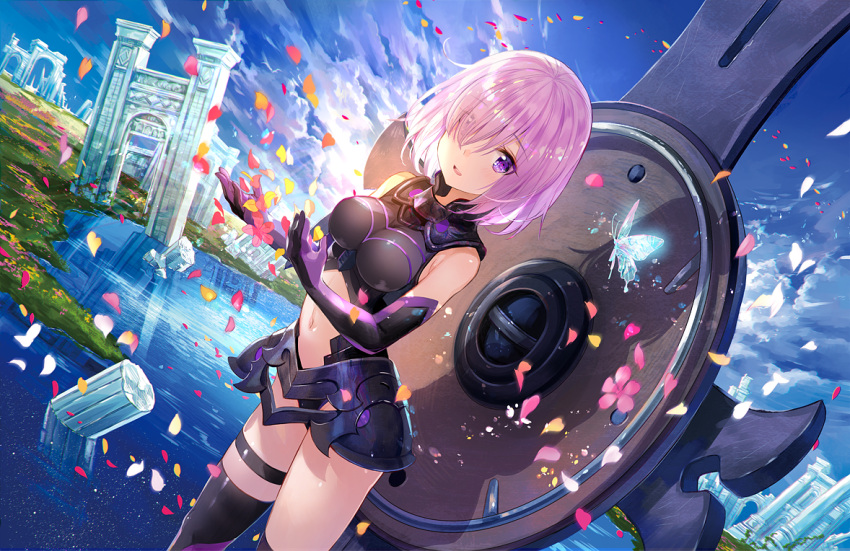 1girl armor armored_dress bangs black_gloves black_legwear black_leotard blue_sky breasts butterfly clouds cloudy_sky day dutch_angle elbow_gloves eyebrows_visible_through_hair fate/grand_order fate_(series) fuji_choko gloves hair_over_one_eye holding_shield leotard light_smile looking_at_viewer medium_breasts ocean open_mouth outdoors parted_lips petals pillar purple_gloves purple_hair shield shielder_(fate/grand_order) short_hair sky smile solo standing thigh-highs thigh_strap violet_eyes