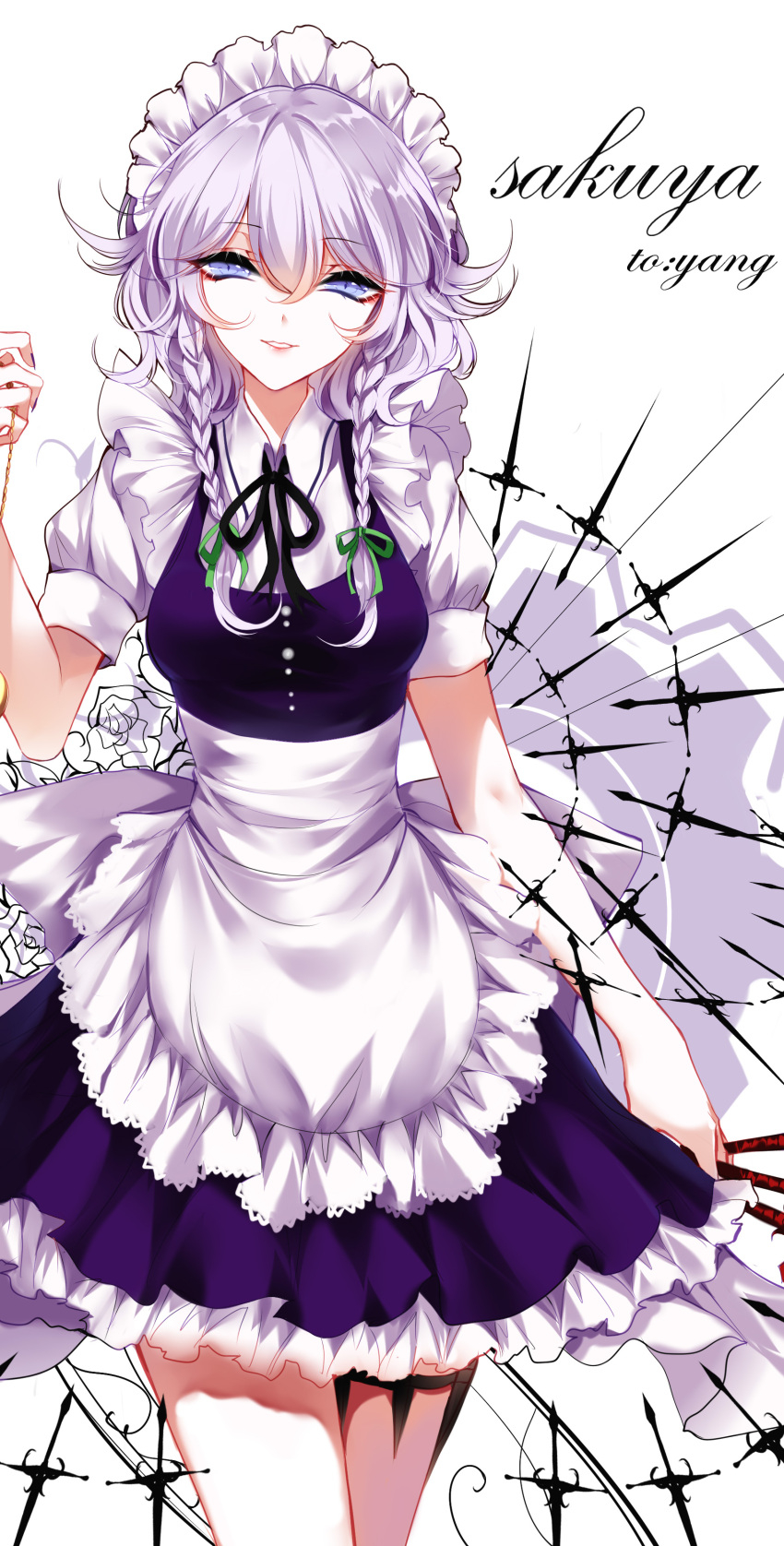 1girl absurdres apron between_fingers blue_dress blue_eyes braid breasts character_name commission cowboy_shot dagger dress eyebrows_visible_through_hair frilled_skirt frills green_ribbon hair_ribbon half-closed_eyes hand_up highres holding izayoi_sakuya looking_at_viewer maid maid_headdress parted_lips puffy_short_sleeves puffy_sleeves ribbon short_sleeves silver_hair skirt small_breasts smile solo standing thigh_strap touhou tsurime twin_braids waist_apron weapon white_apron white_background