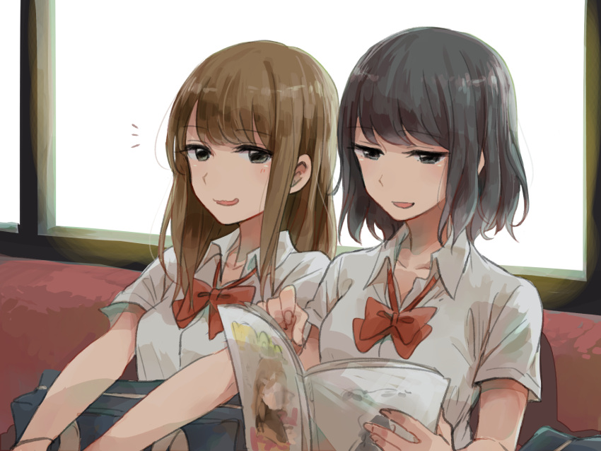 2girls bag black_hair book bow bowtie brown_hair collared_shirt commentary_request dress_shirt highres long_hair monsieur multiple_girls open_book open_mouth original red_bow red_bowtie school_bag school_uniform shirt short_hair side-by-side wavy_mouth white_shirt yuri