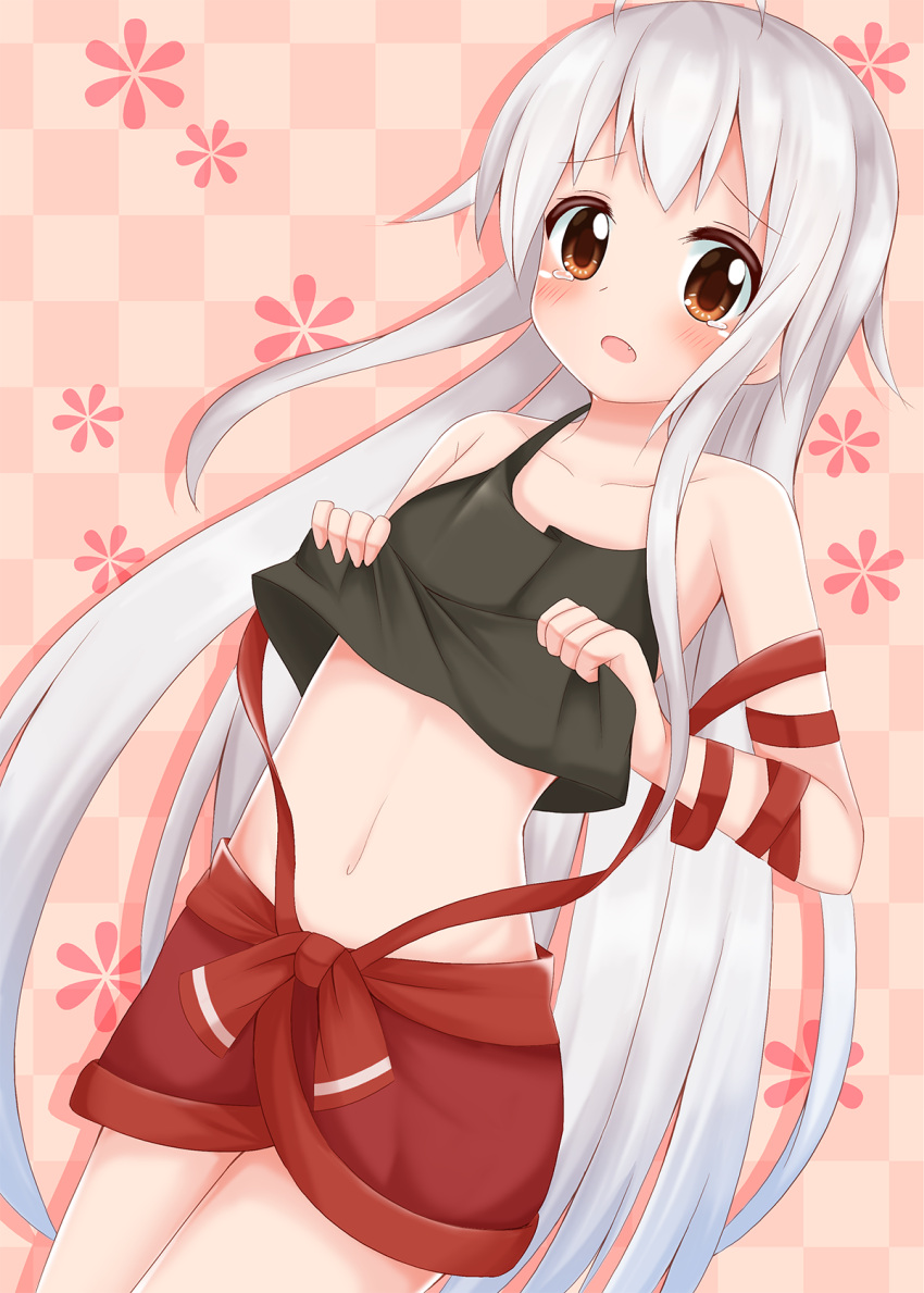 1girl ahoge bangs bare_shoulders black_shirt blush breasts checkered checkered_background chiya_(urara_meirochou) collarbone commentary_request cowboy_shot eyebrows_visible_through_hair flower highres lifted_by_self long_hair looking_at_viewer minato_(ojitan_gozaru) navel open_mouth pink_background red_eyes red_skirt shadow shirt silver_hair skirt skirt_lift sleeveless sleeveless_shirt small_breasts solo standing tank_top tearing_up urara_meirochou very_long_hair