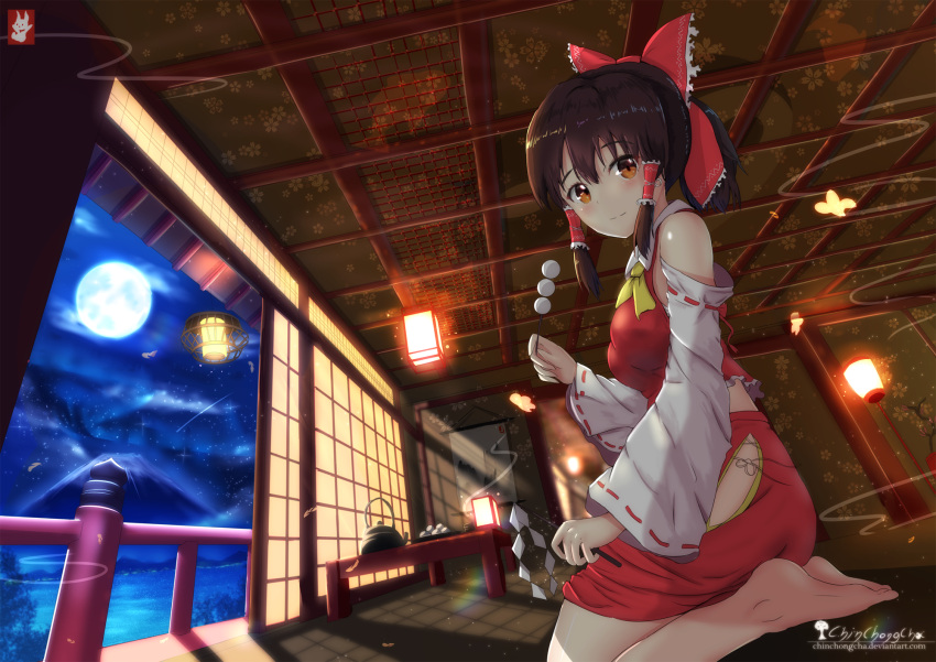 1girl artist_name barefoot bow brown_hair ceiling chinchongcha cup dango detached_sleeves dutch_angle eyebrows_visible_through_hair food from_below full_moon gohei hair_bow hair_tubes hakurei_reimu hanging_scroll highres hip_vent indoors lake lamp light_smile light_trail looking_at_viewer mochi moon mountain night orange_eyes plate ponytail red_skirt red_vest ribbon-trimmed_sleeves ribbon_trim scroll seiza shadow shooting_star short_hair sitting skewer skirt skirt_set sky sliding_doors solo star_(sky) starry_sky table teapot touhou vest wagashi watermark web_address yellow_ascot yunomi