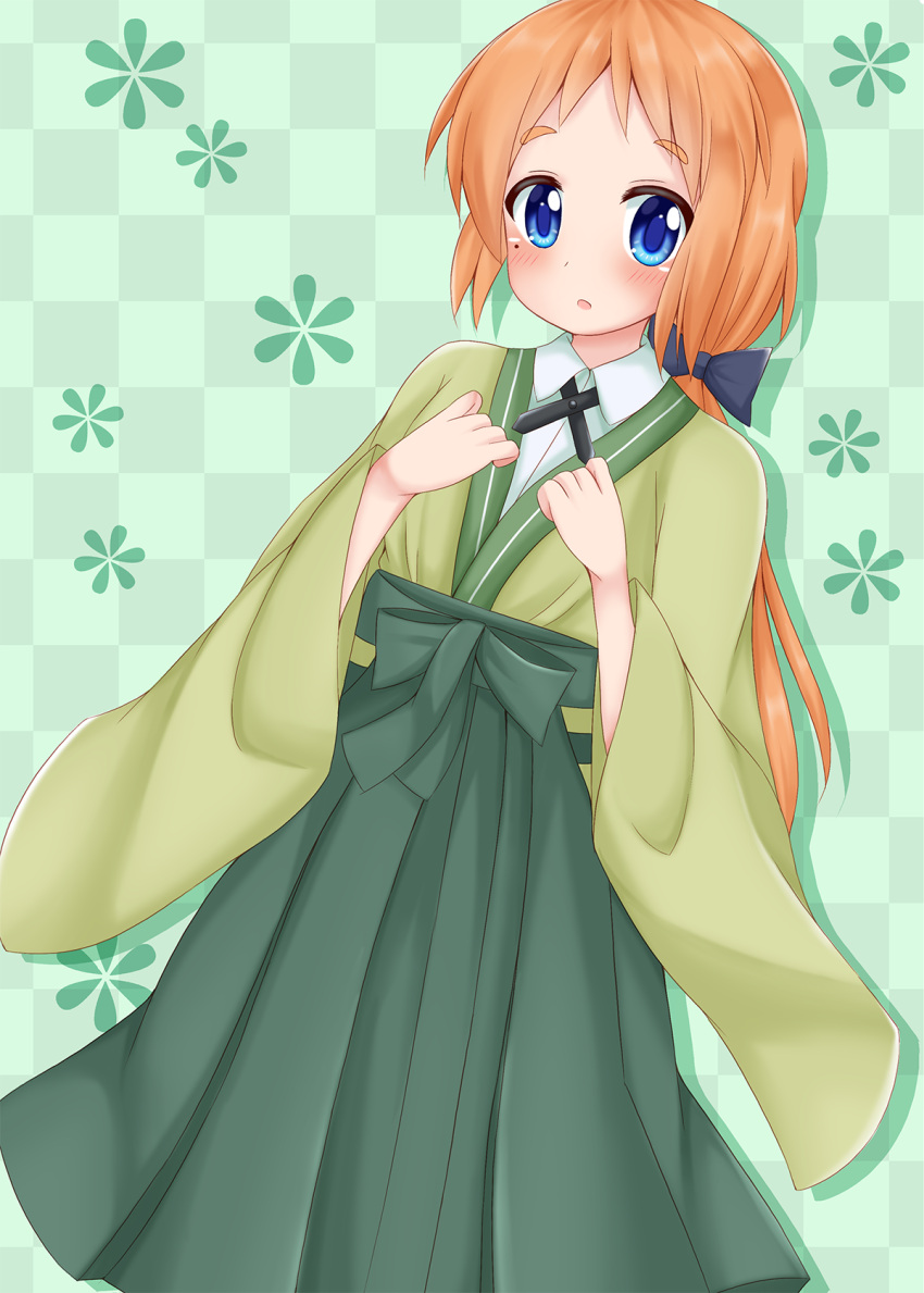 1girl :o bangs black_bow blue_eyes blush bow checkered checkered_background collared_shirt commentary_request dutch_angle eyebrows_visible_through_hair floral_background green_hakama hair_bow hakama highres japanese_clothes long_hair long_sleeves looking_at_viewer low_ponytail minato_(ojitan_gozaru) mole mole_under_eye natsume_nono orange_hair parted_lips ponytail shirt solo urara_meirochou very_long_hair white_shirt wide_sleeves