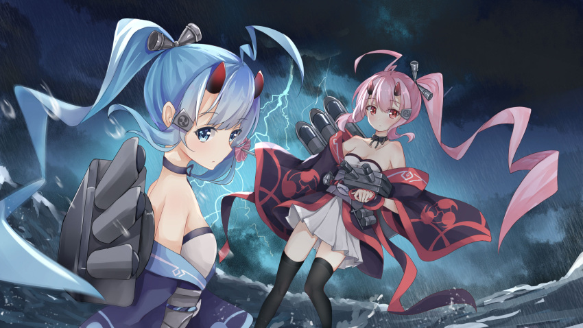 2girls ahoge azur_lane bangs bare_shoulders black_legwear black_neckwear black_ribbon blue_eyes blue_hair blue_neckwear blue_ribbon blush breasts cannon cleavage closed_mouth clouds cloudy_sky collarbone commentary_request dark_clouds dress dutch_angle eyebrows_visible_through_hair hair_between_eyes high_ponytail highres holding horns huge_ahoge ikazuchi_(azur_lane) inazuma_(azur_lane) japanese_clothes kimono lightning long_hair long_sleeves looking_at_viewer looking_to_the_side machinery motion_blur multiple_girls ocean off_shoulder outdoors pink_hair pleated_dress rain red_eyes ribbon scarlet_dango short_kimono sidelocks sky storm thigh-highs torpedo turret very_long_hair water_drop white_dress wide_sleeves