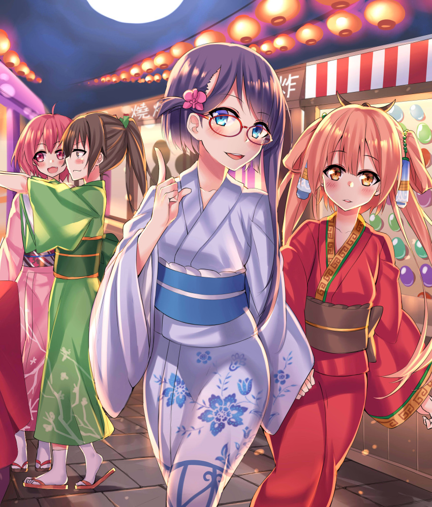 4girls absurdres black_hair blue_eyes brown_eyes brown_hair character_request commentary_request floral_print fucheng_girls glasses google_(asdek18) hair_ornament hakama highres holding japanese_clothes kimono lantern long_hair looking_at_viewer mid-autumn_festival moon multiple_girls night night_sky obi outdoors red-framed_eyewear sandals sash side_ponytail sky smile suixing_(fucheng_girls) tabi wide_sleeves xiaoman_(fucheng_girls) yukata