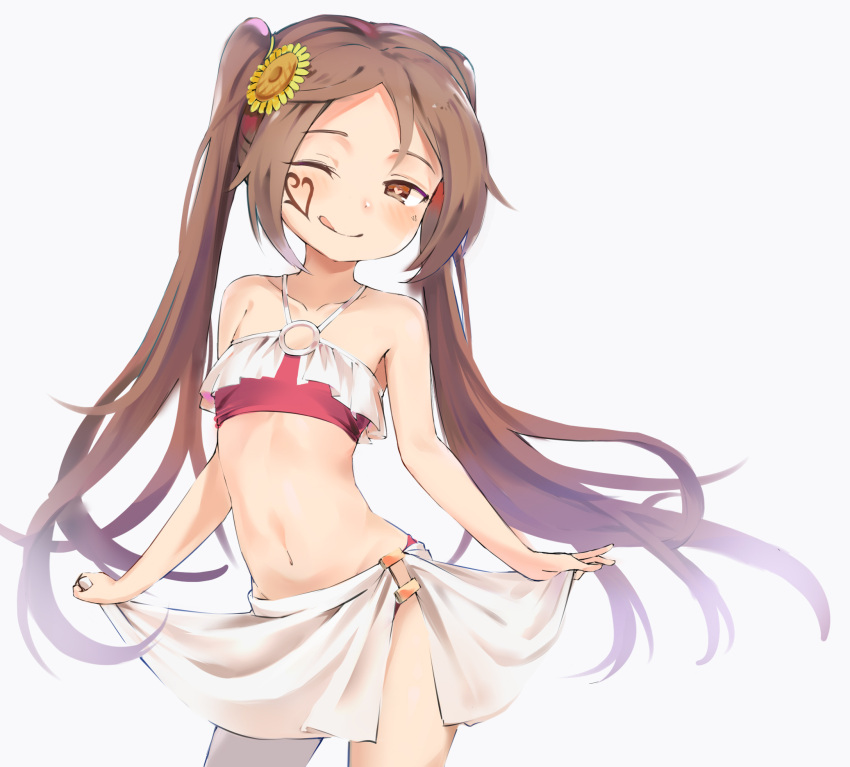 ;d brown_eyes brown_hair flat_chest flower hair_flower hair_ornament heart heart-shaped_pupils highres kagami_dana licking_lips long_hair looking_at_viewer mushiking navel one_eye_closed open_mouth shin_kouchuu_ouja_mushiking skirt_hold smile standing swimsuit symbol-shaped_pupils tattoo tongue tongue_out twintails very_long_hair wan_(calvin840203)