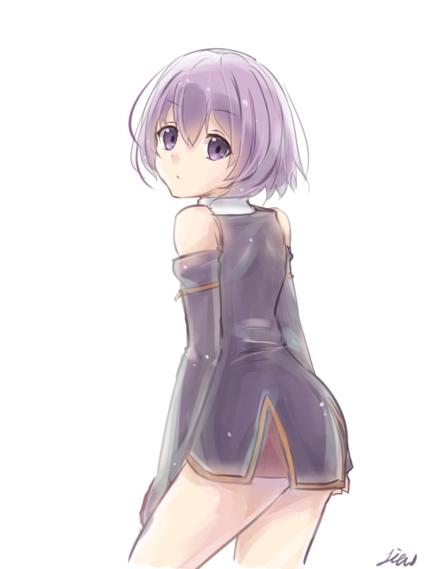 1girl bangs bare_shoulders black_dress closed_mouth commentary_request cowboy_shot detached_sleeves dress eyebrows_visible_through_hair hai_to_gensou_no_grimgar hair_between_eyes highres liebe long_sleeves looking_at_viewer looking_back purple_hair shihoru_(grimgar) short_dress short_hair signature simple_background sleeveless sleeveless_dress solo violet_eyes white_background