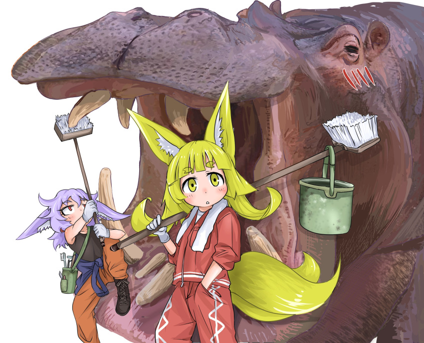 2girls :o animal animal_ears black_footwear black_shirt blonde_hair blush boots breast_pocket brushing_teeth bucket clothes_around_waist commentary doitsuken eyebrows_visible_through_hair fox_ears fox_girl fox_tail gloves hand_in_pocket highres hippopotamus jacket jacket_around_waist lavender_hair looking_at_viewer looking_up multiple_girls multiple_tails open_mouth orange_pants original over_shoulder oversized_animal pants parted_lips pocket ponytail red_eyes red_jacket red_pants shirt short_eyebrows short_hair simple_background sleeveless sleeveless_shirt sleeves_rolled_up slit_pupils tail thick_eyebrows toothbrush towel towel_around_neck two_tails white_background white_gloves yellow_eyes