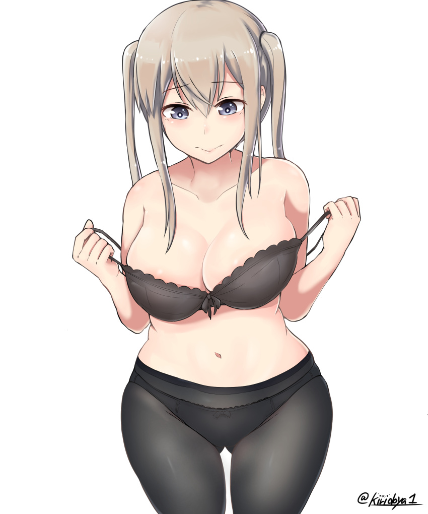 1girl absurdres bangs bare_arms bare_shoulders black_bra black_legwear black_panties blush bra breasts closed_mouth cowboy_shot eyebrows_visible_through_hair gluteal_fold graf_zeppelin_(kantai_collection) grey_eyes grey_hair hair_between_eyes highres kantai_collection kiritto large_breasts legs_together long_hair looking_down navel panties panties_under_pantyhose pantyhose plump simple_background solo standing twitter_username two_side_up underwear undressing white_background
