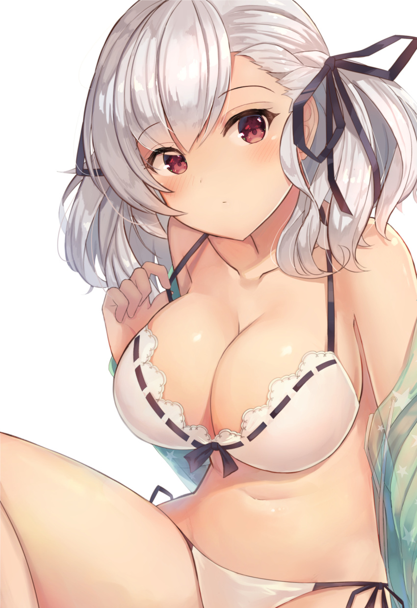 1girl bangs bikini black_ribbon blush breasts cleavage closed_mouth collarbone eyebrows_visible_through_hair front-tie_top girls_frontline hair_ribbon head_tilt highres large_breasts long_hair looking_at_viewer motokonut navel red_eyes ribbon see-through shirt side-tie_bikini sidelocks silver_hair simple_background sitting smile solo spas-12_(girls_frontline) stomach swimsuit thighs twintails white_background white_bikini