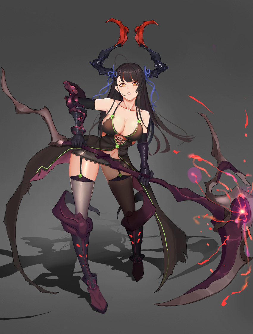 1girl bare_shoulders black_gloves black_hair boots breasts cleavage collarbone demon_girl demon_horns elbow_gloves full_body garter_straps gg-e gloves grey_legwear hair_ribbon halterneck highres holding holding_weapon horns huge_weapon large_breasts leaning_forward long_hair looking_at_viewer navel orange_eyes original parted_lips purple_boots ribbon scythe shadow solo stomach weapon