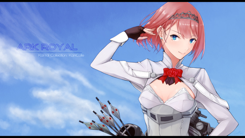 1girl ark_royal_(kantai_collection) blue_eyes blue_sky bob_cut breasts brown_gloves character_name cleavage_cutout closed_mouth clouds cloudy_sky earrings fingerless_gloves gloves hair_flip hairband highres jewelry kantai_collection long_sleeves looking_at_viewer namiki_kojiro quiver red_ribbon redhead ribbon rigging short_hair shorts sky smile solo stud_earrings tiara
