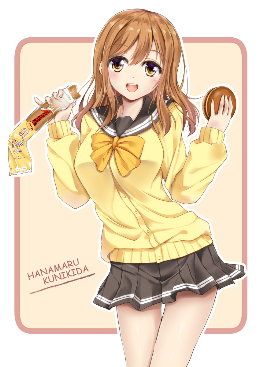 1girl :d black_skirt blush bow bowtie brown_hair character_name cowboy_shot food fule hamburger highres holding holding_food kunikida_hanamaru long_hair long_sleeves looking_at_viewer love_live! love_live!_sunshine!! open_mouth outline pleated_skirt round_teeth school_uniform serafuku simple_background skirt smile solo standing sweater tareme teeth thighs w_arms white_outline yellow_background yellow_bow yellow_bowtie yellow_eyes