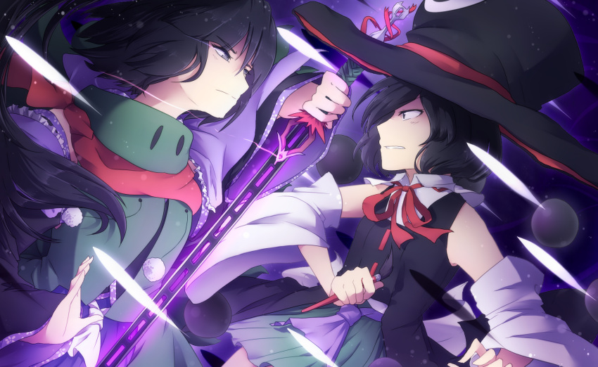 adagumo_no_yaorochi androgynous big_hat black_hair bow brush danmaku detached_sleeves earthen_miraculous_sword enraku_tsubakura grey_eyes hakama hat highres japanese_clothes len'en lenk64 long_hair multiple_tails ponytail red_ribbon ribbon scarf short_hair side_ponytail smile snake_tail sword_of_kusanagi tail tasouken top_hat weapon