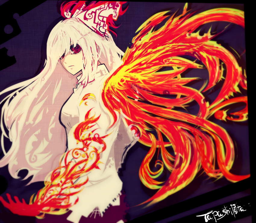 1girl closed_mouth expressionless fiery_wings fire fujiwara_no_mokou hair_over_one_eye hair_ribbon highres long_hair red_eyes ribbon shirt signature solo tabazi touhou turning_head very_long_hair white_hair white_shirt