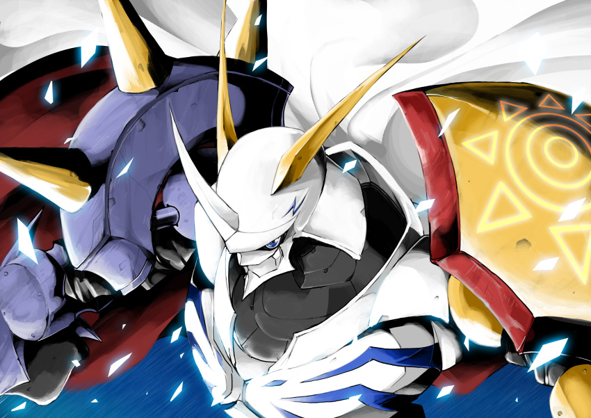 absurdres armor blue_background blue_eyes cape digimon digimon_adventure highres horns kaeru_dx no_humans omegamon solo spikes upper_body white_cape