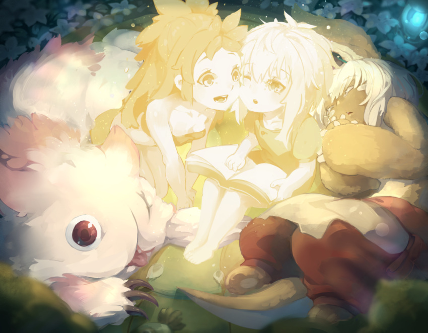 2girls :o animal_ears barefoot book cheek-to-cheek circle_formation claws creature dual_persona furry glowing kurokitsune_(float0108) made_in_abyss mitty_(made_in_abyss) multiple_girls nanachi_(made_in_abyss) open_mouth rabbit_ears short_hair_with_long_locks sleeping smile spoilers strapless tail topknot tubetop white_hair younger