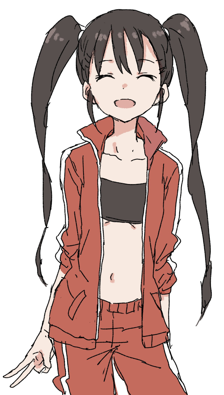 1girl :d bangs beltbra black_bra black_hair bra closed_eyes contrapposto cowboy_shot eyebrows_visible_through_hair facing_viewer highres jacket long_hair long_sleeves navel open_clothes open_jacket open_mouth pants red_jacket red_pants simple_background sketch smile solo standing track_suit twintails underwear v white_background yamamoto_souichirou
