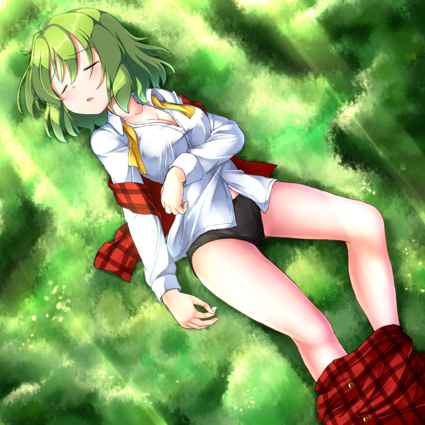 1girl aka_tawashi arm_at_side bangs bare_legs black_panties blush breasts cleavage closed_eyes collared_shirt commentary_request dress_shirt eyebrows_visible_through_hair grass green_hair hand_on_own_stomach highres kazami_yuuka long_sleeves lying medium_breasts off_shoulder on_back open_clothes open_mouth open_vest panties plaid plaid_skirt plaid_vest red_skirt red_vest shirt short_hair skirt skirt_pull sleeping solo touhou underwear vest white_shirt wing_collar