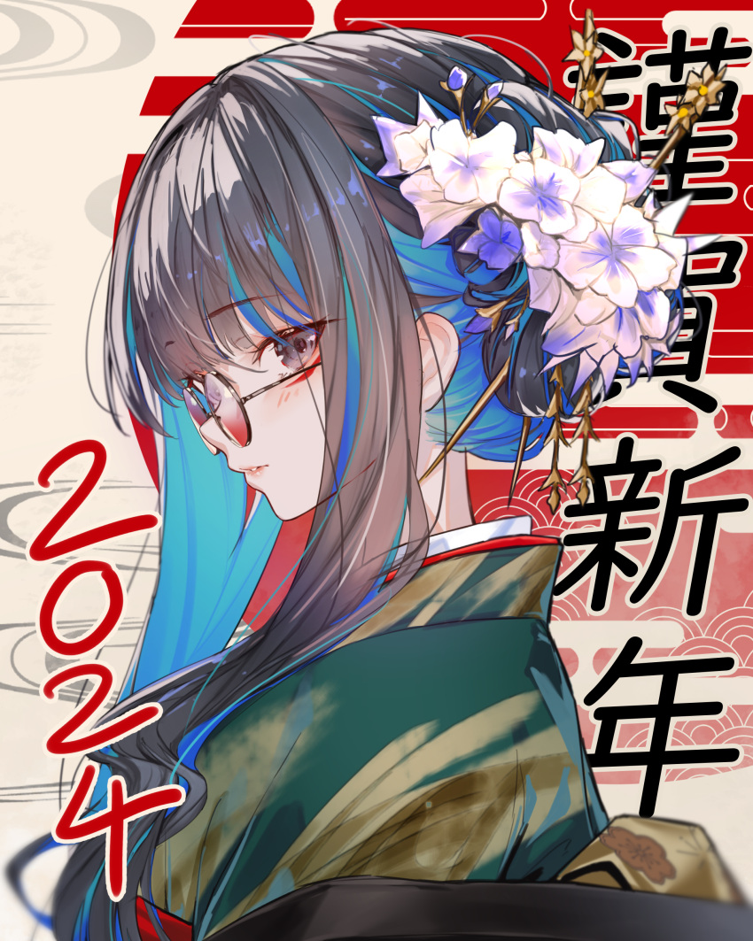 1girl 2024 absurdres black_hair blue_hair breasts colored_inner_hair fate/grand_order fate_(series) flower green_kimono grey_eyes hair_flower hair_ornament highres japanese_clothes kimono long_hair long_sleeves looking_at_viewer multicolored_hair sidelocks small_breasts solo tenochtitlan_(fate) translation_request ura_illust