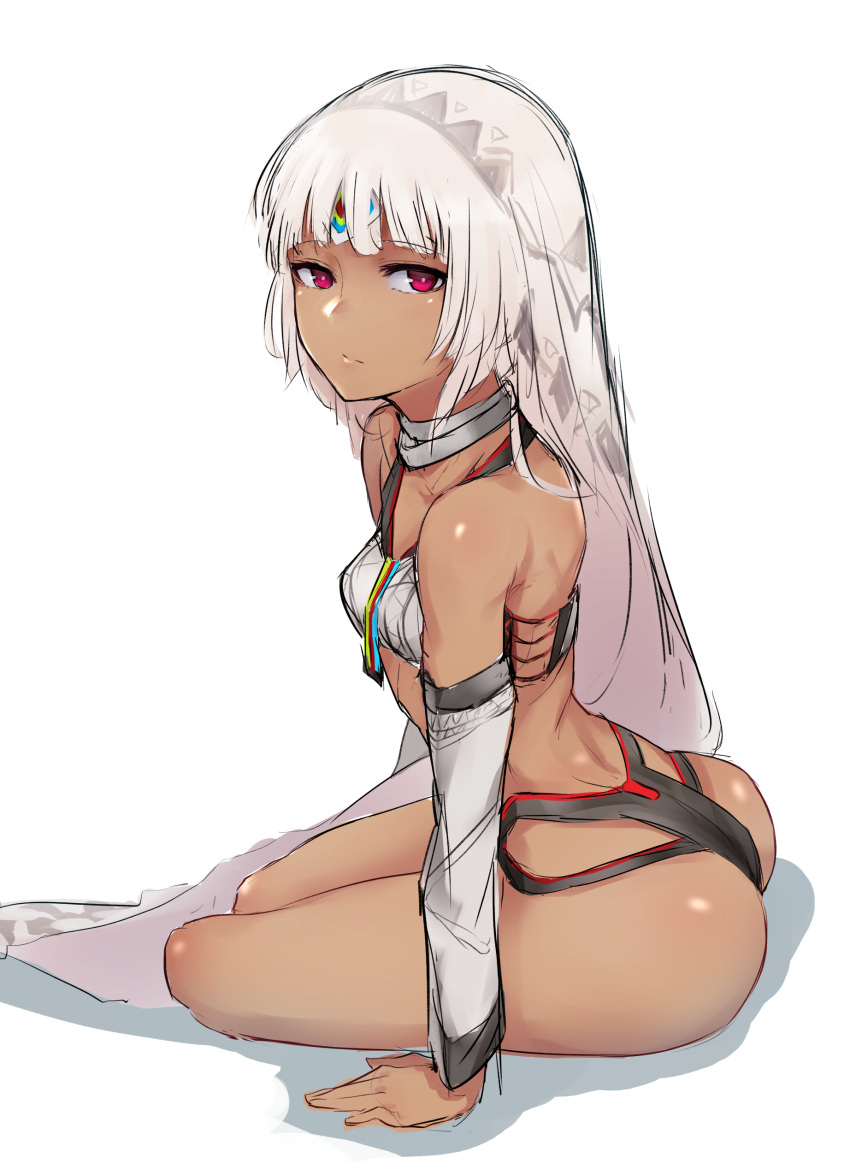 1girl absurdres altera_(fate) arm_support ass bangs bare_shoulders blunt_bangs bra breasts choker closed_mouth dark_skin detached_sleeves eyebrows_visible_through_hair fate/extella fate/extra fate_(series) from_side highres hometa long_hair looking_at_viewer pink_eyes revealing_clothes simple_background sitting sketch small_breasts solo underwear very_long_hair white_background white_bra white_choker white_hair yokozuwari